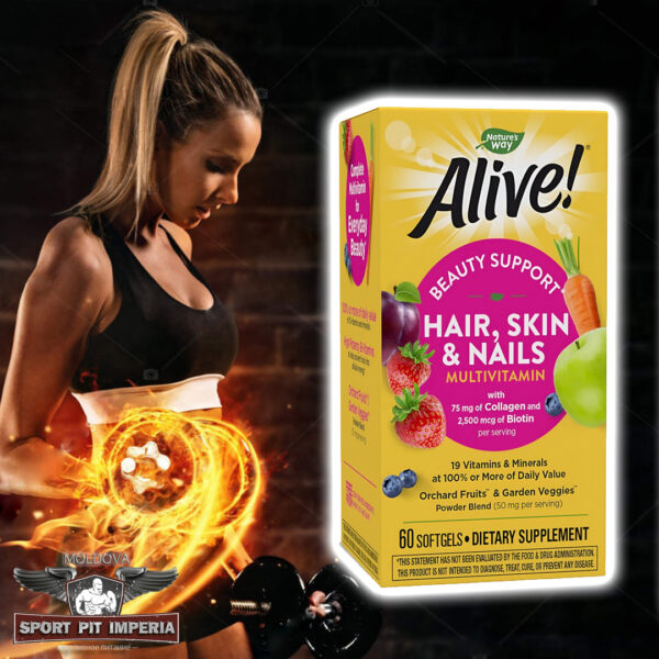 Natures Way, Alive! Hair, Skin & Nails Multi-Vitamin, Strawberry Flavored, 60  капсул